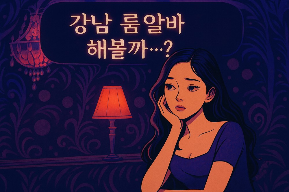 강남 룸알바 관련 블로그 포스트의 대표 이미지 – 매혹적이고 미스터리한 분위기의 아트워크