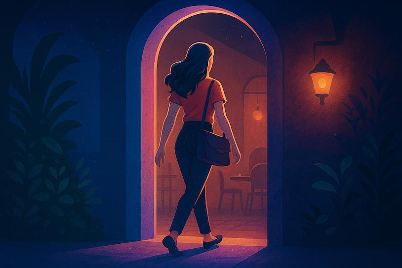 밤알바 룸알바에서 원하는 만큼 일한 뒤 희망적으로 업계를 떠나는 모습을 표현한 일러스트 이미지