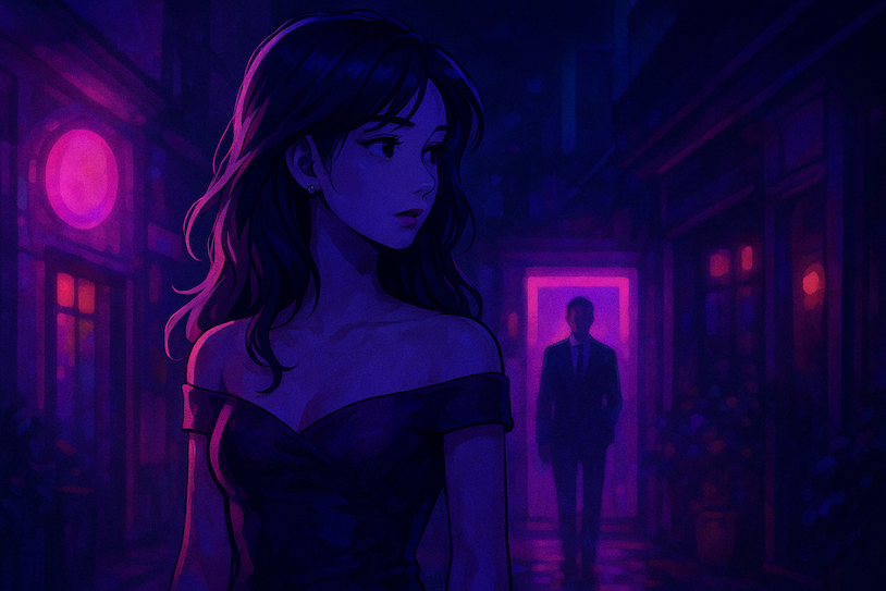 강남 유흥업소 골목을 배경으로, 네온사인 불빛 아래 서 있는 여성과 뒤편에 실루엣으로 보이는 실장의 모습이 어렴풋이 표현된 어두운 일러스트 이미지